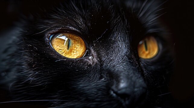 Close up photo of a black cat with yellow irises while focusing on stalking