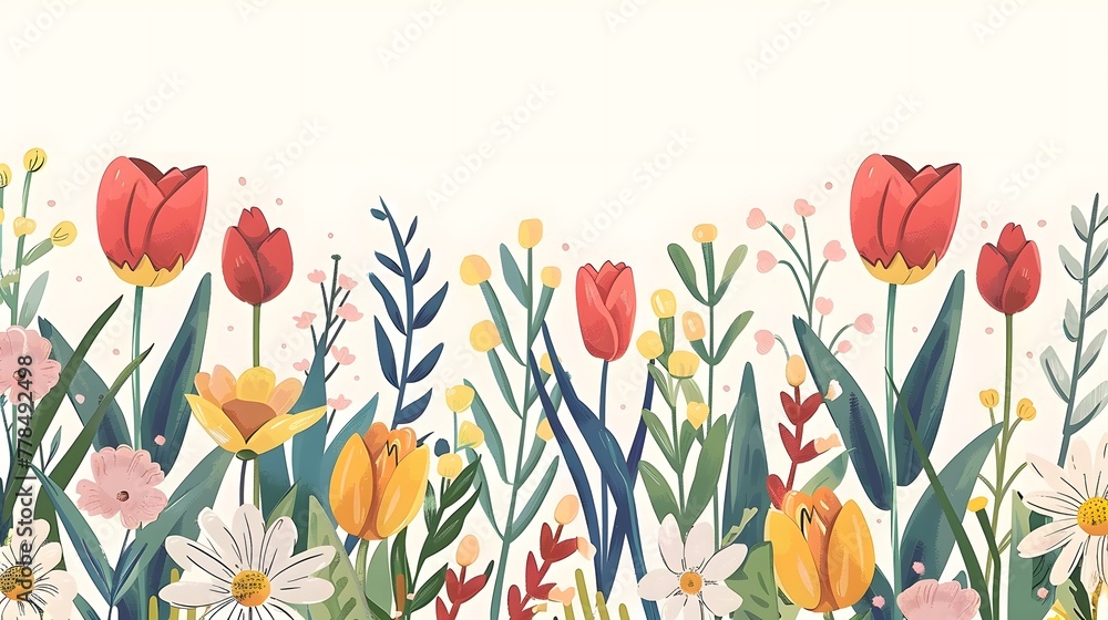 Wall mural cute hello spring card or horizontal poster for spring holidays with wildflowers, daisies, and tulip - Wall murals