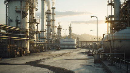 A petrochemical plant with complex distillation columns and storage tanks, currently still but...