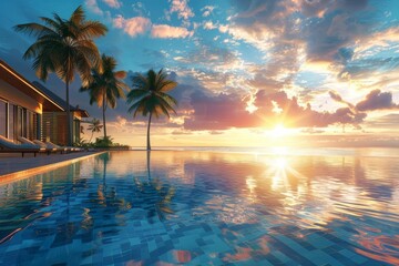 Luxurious Beachfront Resort at Sunset with Infinity Pool and Palm Trees, 3D Illustration