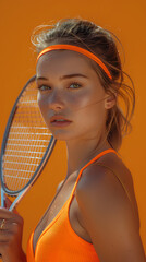 Young woman who is professionally dedicated to playing the sport of tennis, goes to competitions and the Olympics or Olympic games on an orange background
