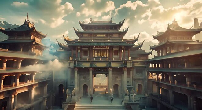 Whimsical 4k video footage showcasing a Hindu temple nestled in the sea of Bali, Indonesia, rendered in vibrant anime style
