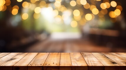Close up of empty wood table in background of bokeh light. Lifestyle concept for breaks and holidays