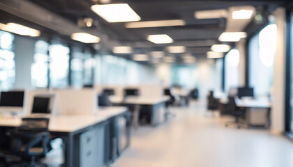 Defocused Modern Office Interior with Bright Lighting, Abstract Design, and Stylish Furniture, Featuring Open Space and Professional Atmosphere for Corporate Meetings and Workspaces