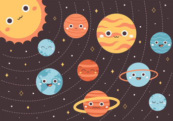 Solar System, space. Cartoon planet characters. Earth Day, Save planet. Vector illustration in flat style