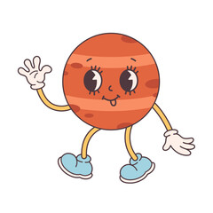 Trendy cartoon groovy planet character in retro style 60s and 70s. Solar System, Space. Earth Day, Save planet. Vector illustration in flat style