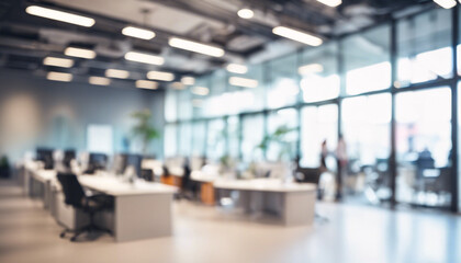 Defocused Modern Office Interior with Stylish Furniture, Bright Lighting, and Abstract Design, Featuring Open Space, Table, and Professional Atmosphere for Corporate and Business Settings