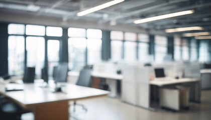 Defocused Modern Office Interior with Bright Lighting, Abstract Design, and Stylish Furniture in an Empty Workspace, Perfect for Corporate, Business, University, and Professional Meeting Settings