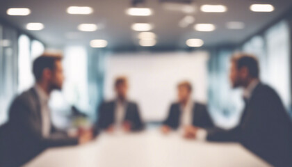 Defocused Modern Office Conference with Business Team Collaborating in a Bright Workspace, Featuring Large Windows, Urban View, and Professional Atmosphere for Corporate Leadership and Strategy