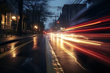 Long exposure photo of city streets at night, with streaks and light trails representing moving vehicles on the road.
