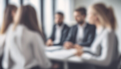 Defocused Modern Office Meeting with Business Team in a Conference Room, Collaborating on Corporate Strategy, Featuring Natural Light, Urban View, and Professional Workspace Environment
