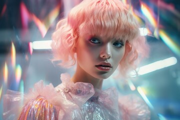 Portrait of a fashion model with pastel pink hair in an iridescent and futuristic dress on holographic background with a bokeh effect and ethereal lights. Retrofuturistic style concept.