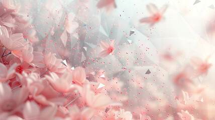 A panoramic abstract background where pastel pink dots are connected by delicate silver triangles, giving the impression of a digital cherry blossom field under a soft morning light. - obrazy, fototapety, plakaty