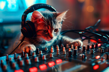 Cat dj with professional headset using a professional music mixing board. Dj cat playing with a dj...