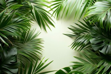 Tropical Green Palm Leaves and Plant Branches Frame Isolated on White, Nature Background
