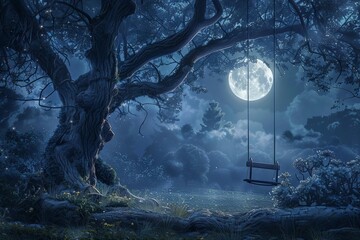 Mystical moonlit night with a lonely swing in a fantasy forest, surreal digital painting