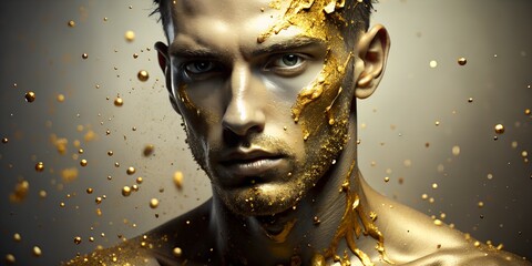 portrait of a man's face in golden paint fashion rich look isolated