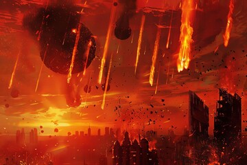 Apocalyptic scene with fireballs falling from red sky, doomsday illustration