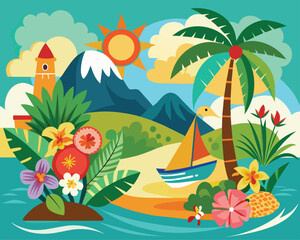Fototapeta na wymiar Tropical summer beach ocean sunset and sunrise view cartoon vector illustration