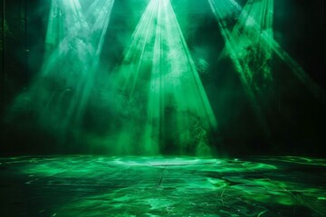 Dramatic green spotlights on dark stage floor, theater or event background
