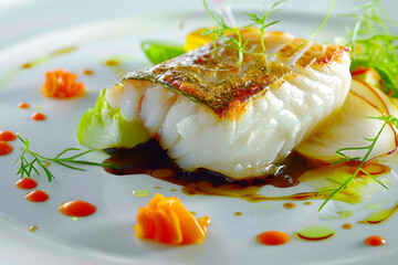 Appetizing Gourmet Monkfish Dish Creatively Plated With Colorful Vegetables