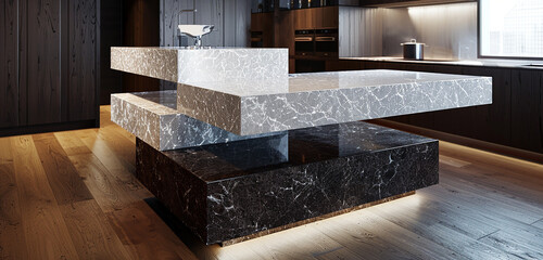 A dual-tiered kitchen island, with a base of dark marble supporting a higher level of sparkling white marble. 32k, full ultra HD, high resolution