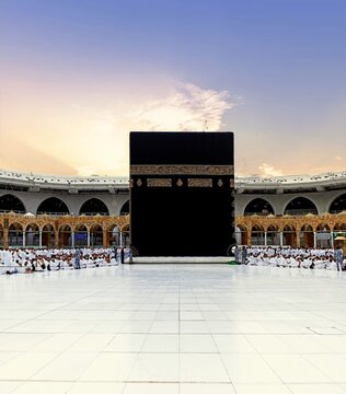 The place where Muslims visit for pilgrimage and umrah. Kaaba, Mecca. Muslims performing circumambulation in the Kaaba