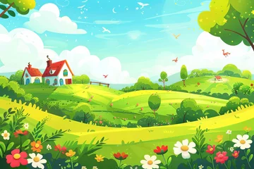 Fotobehang Cute spring landscape with green fields and funny cartoon characters, kids banner © Lucija