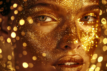 High Fashion model woman in golden bright sparkles. Art Gold skin girl face portrait closeup. Beauty gold eyes, Lips, Skin and dyed hair. Lady with holiday Glamour shiny professional makeup on black
