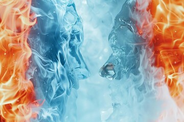 Contrasting elements of fire and ice symbolizing opposite concepts, abstract illustration - obrazy, fototapety, plakaty