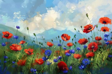 Whimsical summer meadow with vibrant red poppies and blue cornflowers, idyllic nature landscape, digital painting