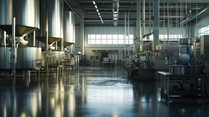 A food processing plant with mixing tanks and cooking equipment, momentarily quiet but ready to transform raw ingredients into tasty products