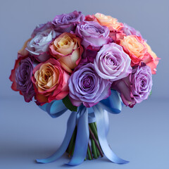 Bouquet of colorful rainbow colored roses decorated