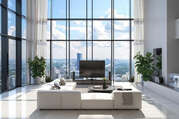 Sleek modern penthouse living room with expansive windows, luxurious city view, zoom background, 3D illustration - obrazy, fototapety, plakaty