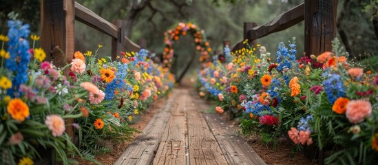 A scenic wooden walkway adorned with colorful flowers in bloom, creating a charming and picturesque setting