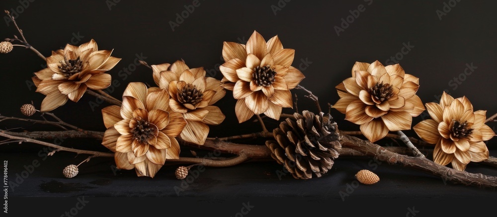 Poster a collection of assorted flowers and pine cones are delicately arranged on a tree branch against a s