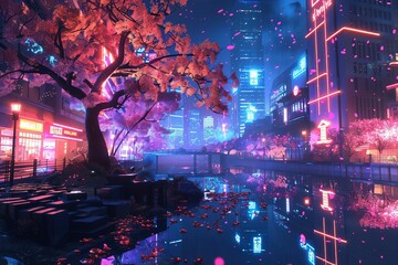 Fantasy Japanese night city landscape with neon lights, sakura tree, and residential buildings, urban anime background, 3D illustration