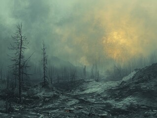In that desolate expanse, the charred remains of trees bear witness to the harsh impacts of war fires and climate change, leaving little room for optimism. - obrazy, fototapety, plakaty