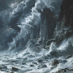Witness the unforgiving collision of nature and war as the ocean's relentless surge washes away centuries of history in its wrath. - obrazy, fototapety, plakaty
