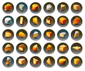 Varied cheese icons set with playful shadows