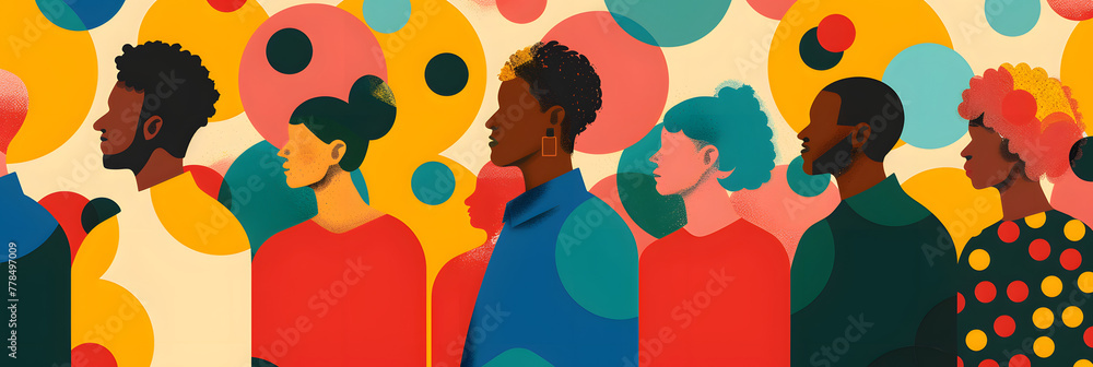Poster an illustration of diverse people in an abstract patterned background with large circles and polka d