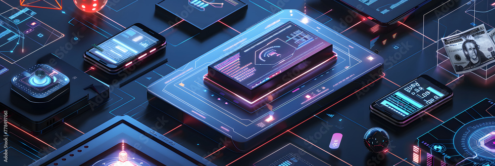 Poster an isometric view of an ai system surrounded by various digital devices