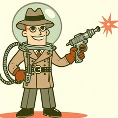 Retro Futuristic Detective: A Character in Trench Coat with Ray Gun - Perfect for Science Fiction and Retro-Futuristic Themes.