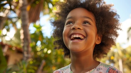 Close up of a smiling young girl wearing a shirt laughing while standing outdoors, looking at camera - obrazy, fototapety, plakaty