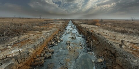 Captured in stark contrast, dry riverbeds intersect with abandoned military outposts, a poignant reminder of climate inaction amid rising global unrest. - obrazy, fototapety, plakaty