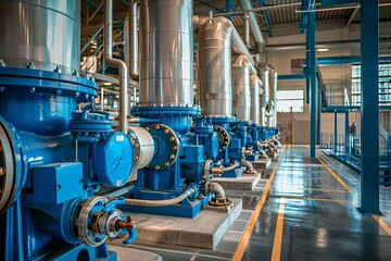 Industrial boiler room and water treatment facility with blue pumps, stainless steel pipes, and valves, factory interior, photograph - obrazy, fototapety, plakaty