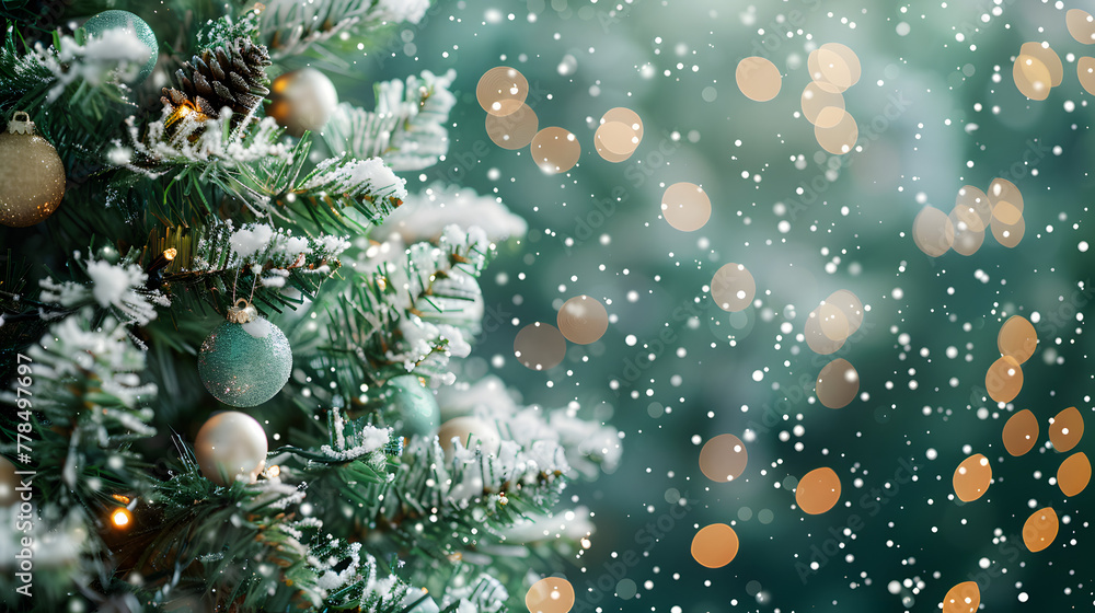 Poster christmas tree with snow and decorations on a green background with a bokeh effect. christmas concep
