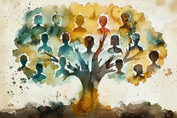 Watercolor Illustration of a Diverse Family Tree with Silhouettes, Digital Art - obrazy, fototapety, plakaty