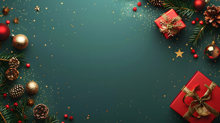 Christmas green background with golden decoration and red gift box on the right side, space for text, copy area, banner template