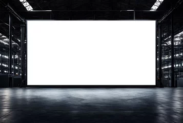 Abwaschbare Fototapete Big large screen on dark factory interior or empty warehouse, clear screen backdrop, front view. Presentation board, screen display for creative design. Advertising mockup concept. Copy ad text space © Alex Vog